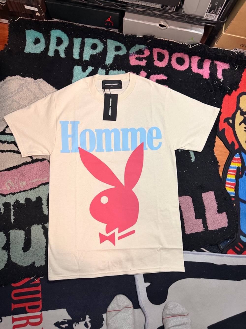 HOMME + FEMME Cream Tee with Large Blue Graphic